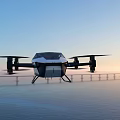 Futuristic Flying Vehicle Hovering Over Water Near Bridge With Blue Sky At Sunset