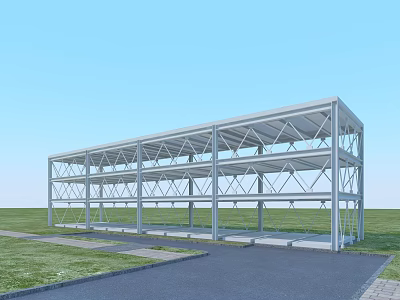 Modern Steel Structure Frame Building Open Design With Grassland And Pavement 3d model