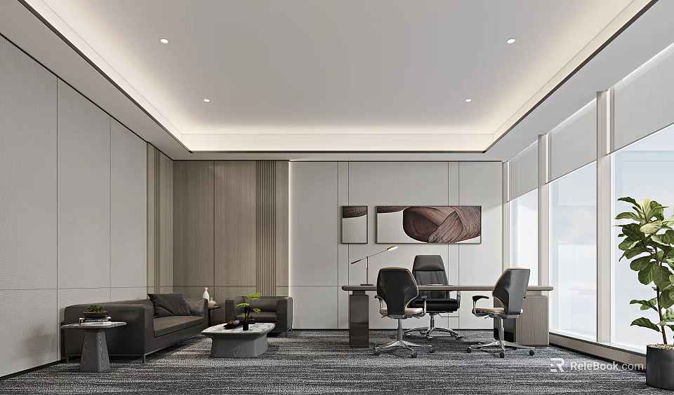 Modern Office Interior Design With Sofa Coffee Table Desk Chairs And Large Windows 3d model