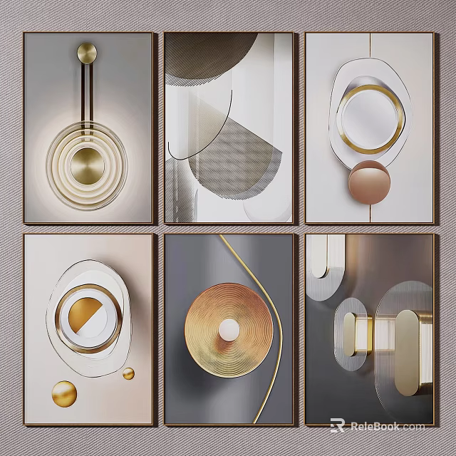 Modern Abstract Wall Art With Geometric Circular Shapes And Gold Beige Gray Tones 3d model 