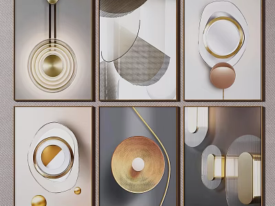 Modern Abstract Wall Art With Geometric Circular Shapes And Gold Beige Gray Tones 3d model