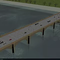 Arch Bridge Over River With Vehicles Moving And Grass Trees Around 3d model