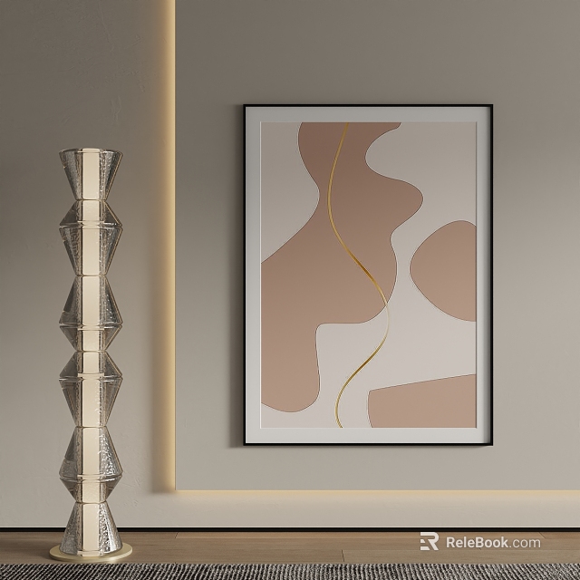 Elegant Metallic Floor Lamp With Abstract Beige Brown Wall Art On Modern Neutral Wall 3d model 