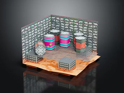 3D Model Scene With Colorful Barrels Grid Walls And Floor Structure 3d model
