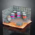 3D Model Scene With Colorful Barrels Grid Walls And Floor Structure