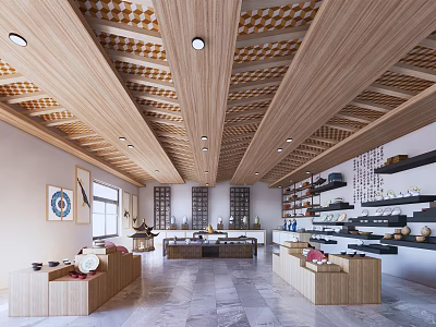 Exhibition Hall With Wooden Grid Ceiling Wooden Display Counters Ceramic Items On Shelves Stone Floor And Decorative Paintings 3d model