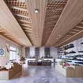 Exhibition Hall With Wooden Grid Ceiling Wooden Display Counters Ceramic Items On Shelves Stone Floor And Decorative Paintings