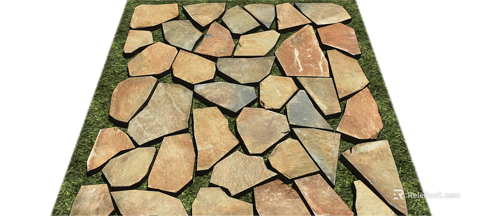Natural Stone and Wood Outdoor Floor with Irregular Slabs and Green Grass Background Texture 3d model 