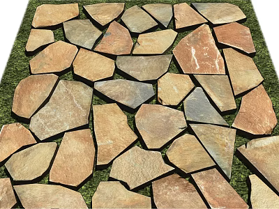 Natural Stone and Wood Outdoor Floor with Irregular Slabs and Green Grass Background Texture 3d model