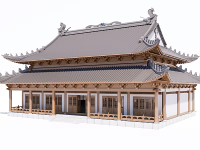 Traditional Chinese Ancient Architecture With Curved Roof Overhanging Eaves And Wooden Columns 3d model