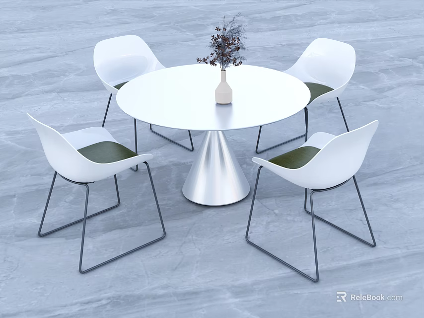Modern White Round Dining Table With Four White Chairs Black Legs Green Cushions And Vase 3d model 
