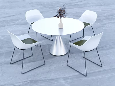 Modern White Round Dining Table With Four White Chairs Black Legs Green Cushions And Vase 3d model
