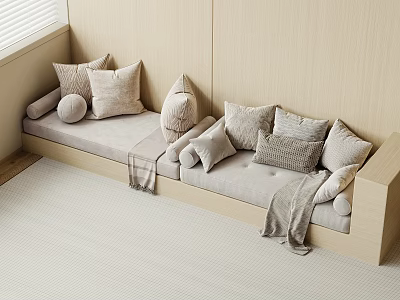 Cozy Modern Sofa Seating With Light Beige Cushions Wooden Frame And Window 3d model