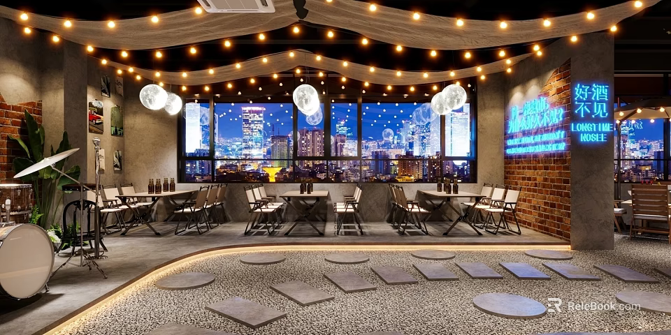 Warm Bar Interior With String Lights Large Windows City Night View And Seating Area 3d model