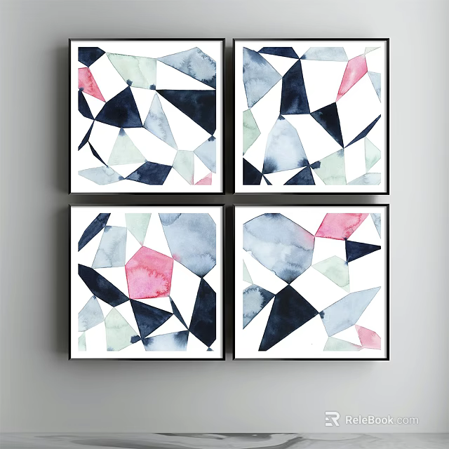 Four Geometric Watercolor Paintings as Abstract Wall Art with Colorful Shapes 3d model 