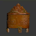 Orange Carved Household Container With Flame Like Lid And Three Feet