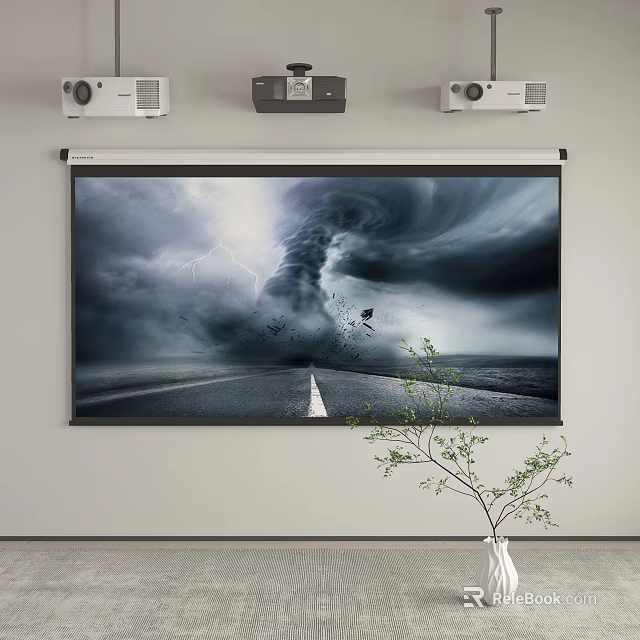 Immersive Home Theater Room With Wall Mounted Speakers Large Projection Screen And Green Plant 3d model 