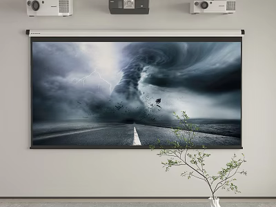 Immersive Home Theater Room With Wall Mounted Speakers Large Projection Screen And Green Plant 3d model