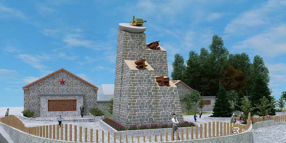 Stone Monument With Top Device Red Star Building Green Trees And Pedestrians In Courtyard 3d model 