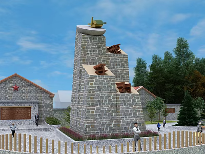 Stone Monument With Top Device Red Star Building Green Trees And Pedestrians In Courtyard 3d model