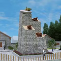 Stone Monument With Top Device Red Star Building Green Trees And Pedestrians In Courtyard