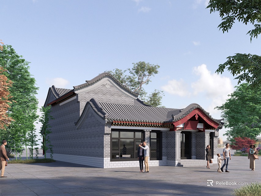Traditional Chinese Building With Gray Tiles Red Doors Trees And People Walking Around Courtyard 3d model 