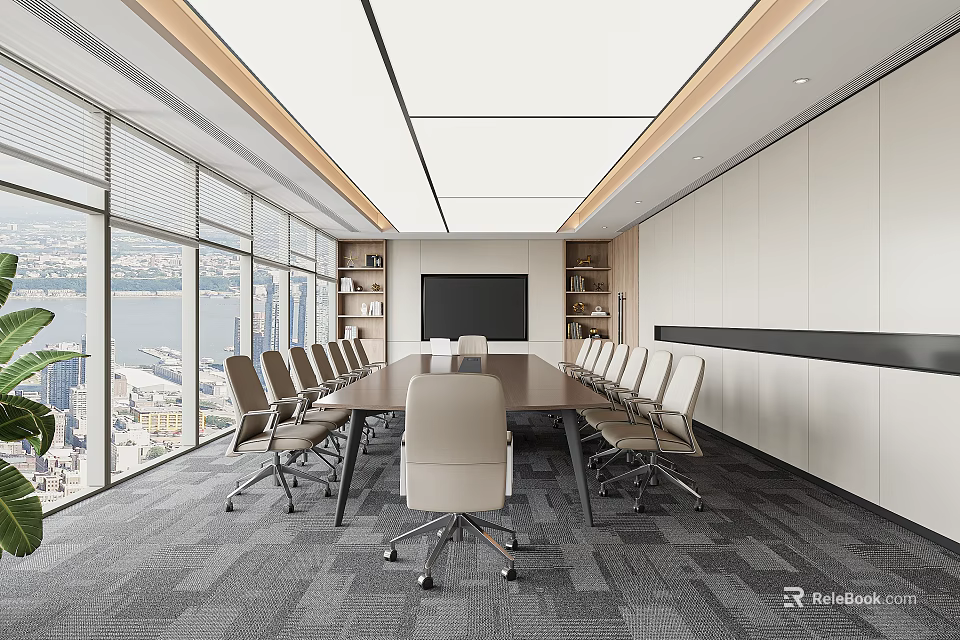 Modern Conference Room With Large Windows City View Long Meeting Table And Multiple Chairs 3d model 