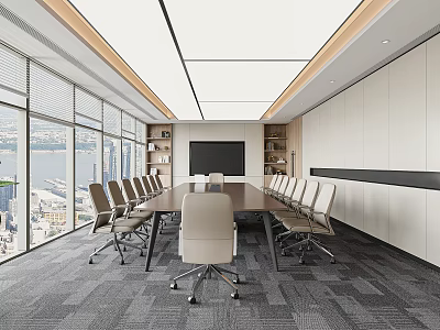 Modern Conference Room With Large Windows City View Long Meeting Table And Multiple Chairs 3d model