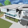 Modern Detached Villa Featuring Large Glass Walls Multi Storey Structure Surrounded by Trees and Lawn