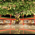 Large Indoor Arbor With Green Leaves Yellow Fruits Red Pillars Long Tables In Dining Space