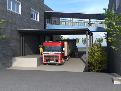 Dark Brick Building Exterior Wall Featuring Blue Skybridge Red Truck And Green Trees 3d model