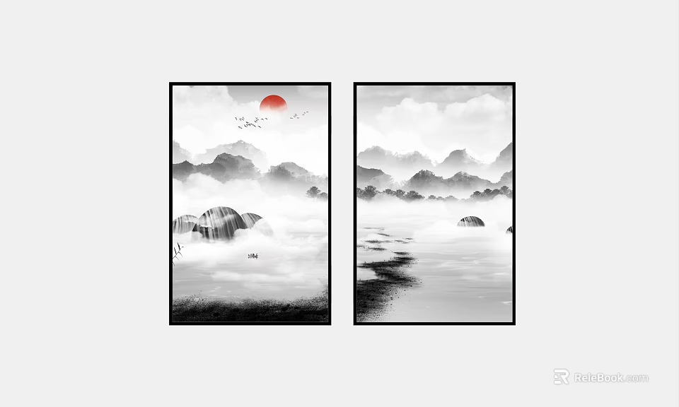Landscape Painting With Red Sun Flying Birds Misty Mountains Waterfall Small Boat And Water 3d model 
