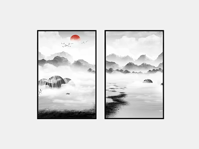 Landscape Painting With Red Sun Flying Birds Misty Mountains Waterfall Small Boat And Water 3d model