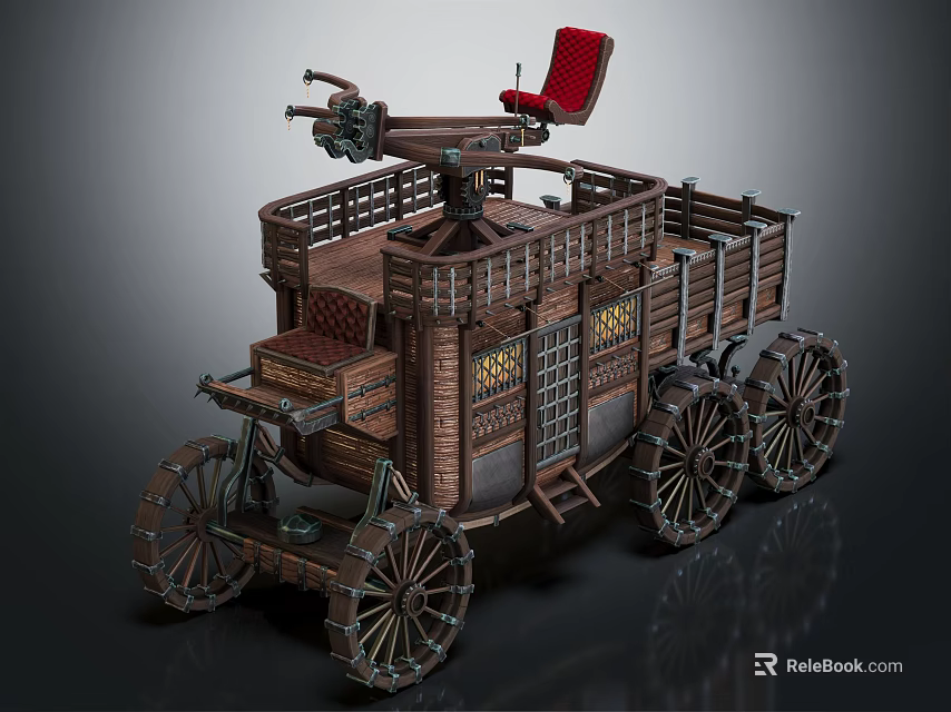 Vintage Wooden Carriage with Red Seat Grilled Windows and Wooden Wheels 3d model 
