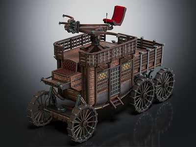 Vintage Wooden Carriage with Red Seat Grilled Windows and Wooden Wheels 3d model