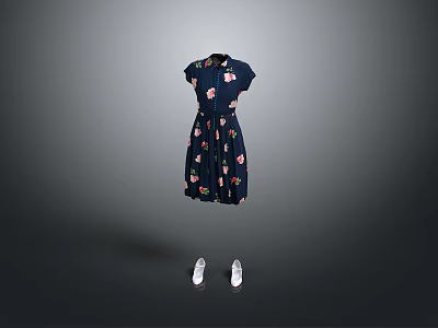 Dark Blue Short Sleeve Dress With Pink Floral Pattern And White Flat Shoes 3d model