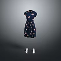 Dark Blue Short Sleeve Dress With Pink Floral Pattern And White Flat Shoes