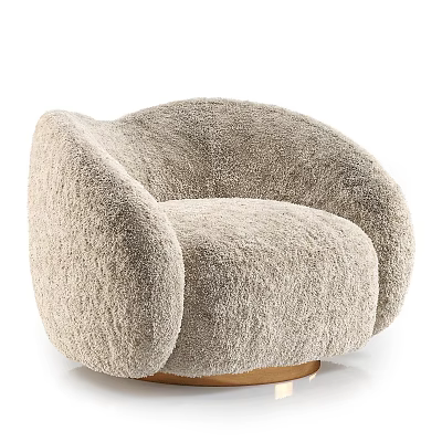 Beige Plush Single Sofa with Curved Armrests and Golden Round Base Design 3d model