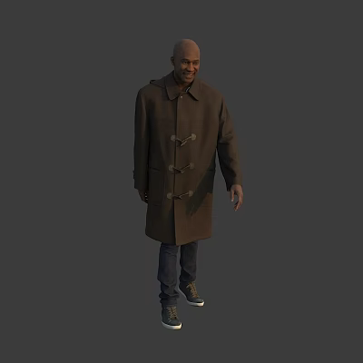 A Man In Brown Duffle Coat Dark Jeans And Dark Shoes Walking On Gray Background 3d model