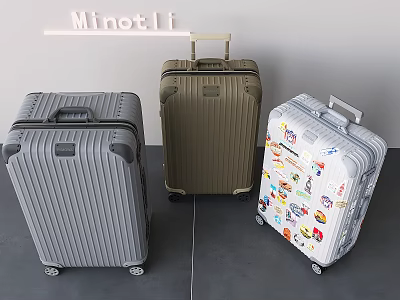 Minotli Hard Shell Luggage Set With Gray Brown And Sticker Decorated White Suitcases 3d model