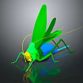 Green grasshopper with yellow head blue abdomen long antennae green wings on black background reflection