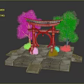 Landscape View of Traditional Red Torii Gate on Gray Stone Platform with Orange Trees