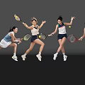 Four Women Playing Tennis in Dynamic Poses With Rackets and Sportswear