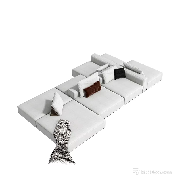 Spacious Modern White Sectional Sofa With Colorful Pillows And Throw Blanket 3d model