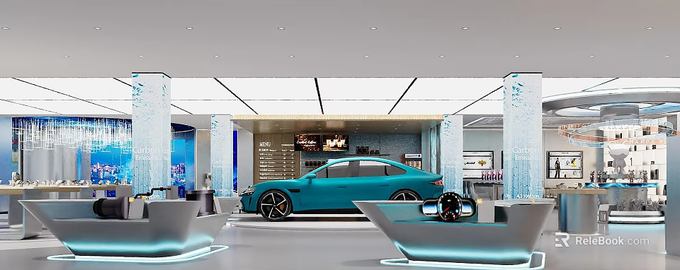 Modern Showroom Featuring Blue Sports Car With Sleek Design And Ambient Lighting Elements 3d model 