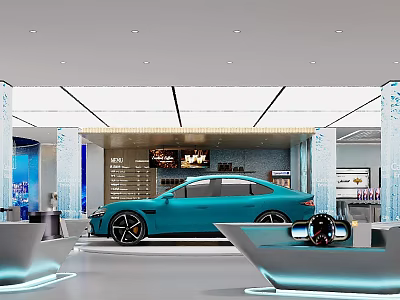 Modern Showroom Featuring Blue Sports Car With Sleek Design And Ambient Lighting Elements 3d model