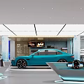 Modern Showroom Featuring Blue Sports Car With Sleek Design And Ambient Lighting Elements
