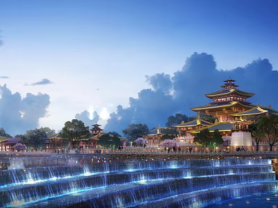 Ancient Chinese Architecture With Traditional Tiered Roofs Reflected In Water Under Twilight Sky 3d model
