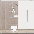 Modern Minimalist Wardrobe Design With Wooden Panel White Door Arched Open Shelf And Drawers