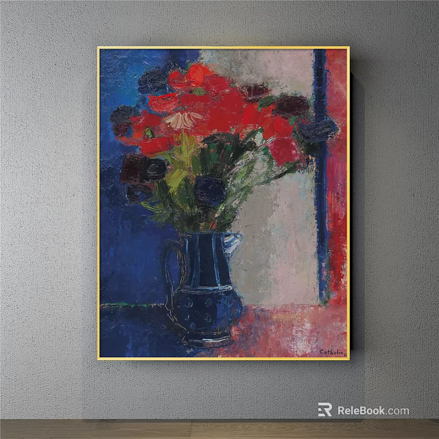 Vibrant Botanical Painting Featuring Blue Vase Red Dark Flowers and Golden Frame 3d model 